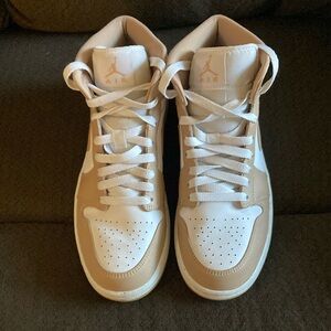 Nike Air High-Top Sneakers in White and Tan, Air Jordan mid gum.